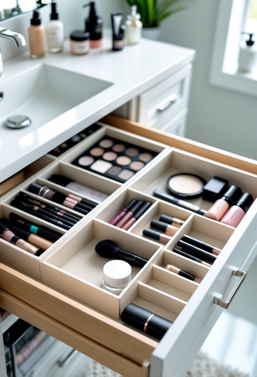 An open bathroom drawer with dividers organizing makeup products and brushes neatly inside.