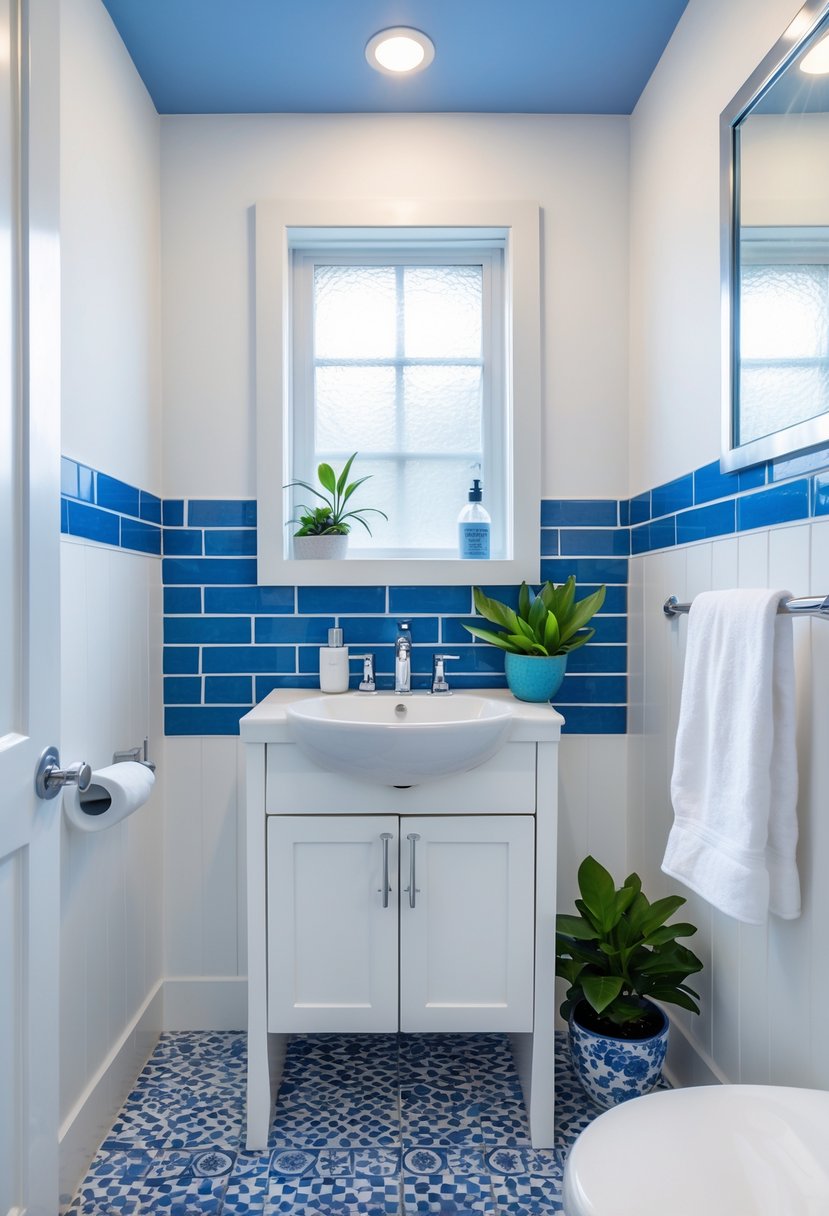 Small guest bathroom with blue and white tiles, a white sink, a mirror, and a towel on a rack.