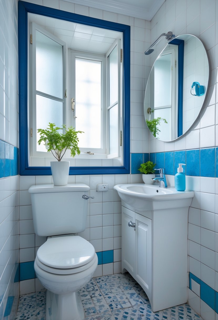 Small guest bathroom with blue and white tiles, a sink with a round mirror, and bathroom essentials arranged neatly.
