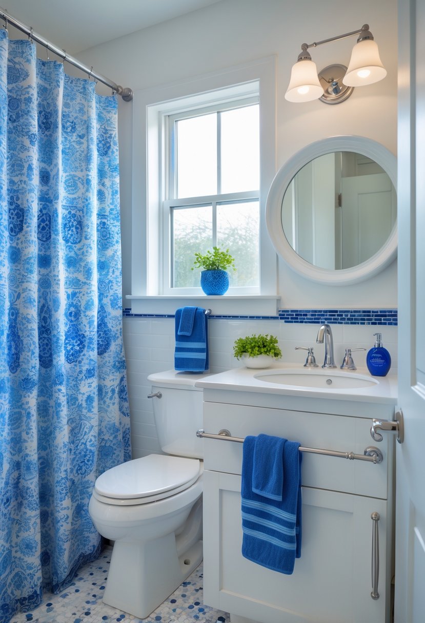 A small guest bathroom with blue and white decor, including towels, shower curtain, and mosaic tile floor, with a sink, mirror, and a small plant.