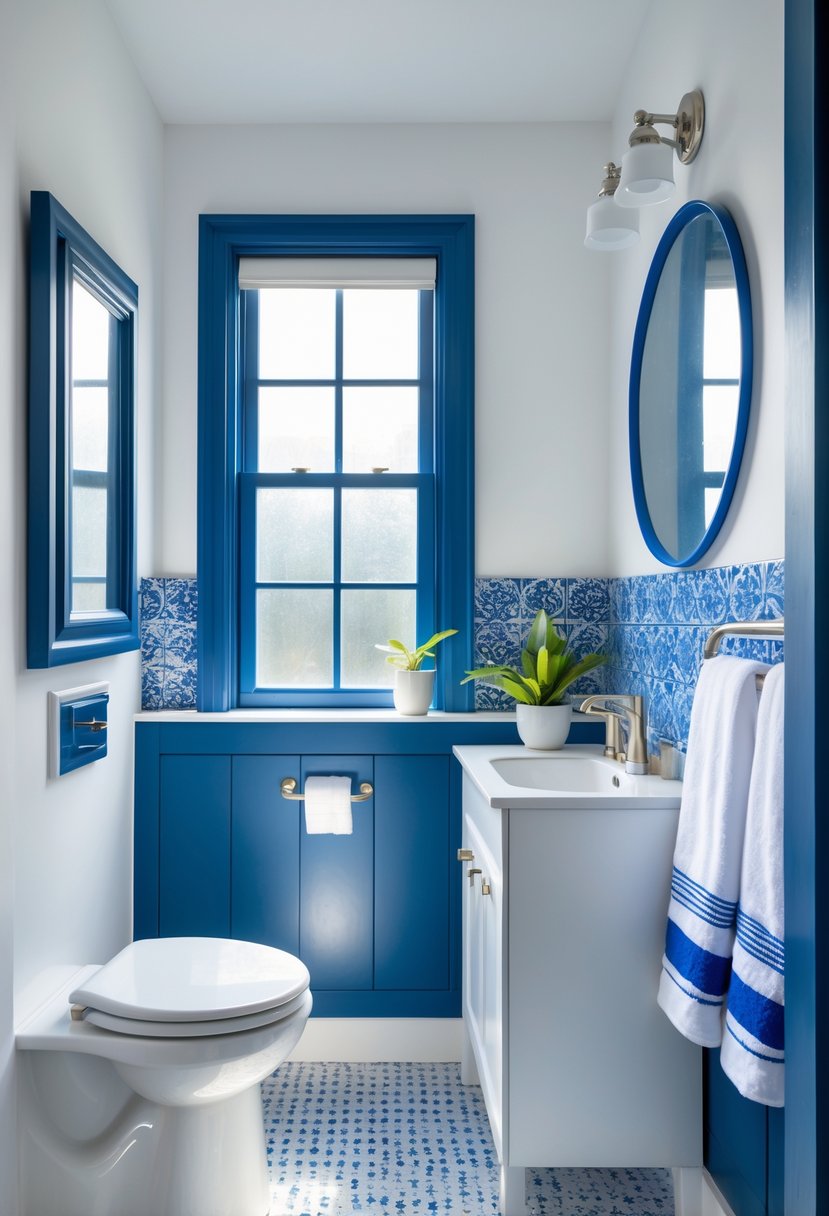 A small guest bathroom with white walls, blue accents, a white sink, a mirror, a plant, and folded towels.