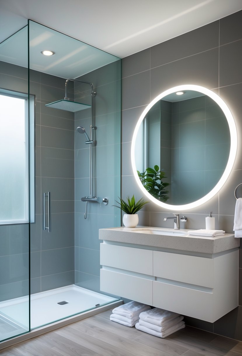 A modern bathroom with a glass shower, floating vanity, round mirror, and natural light.