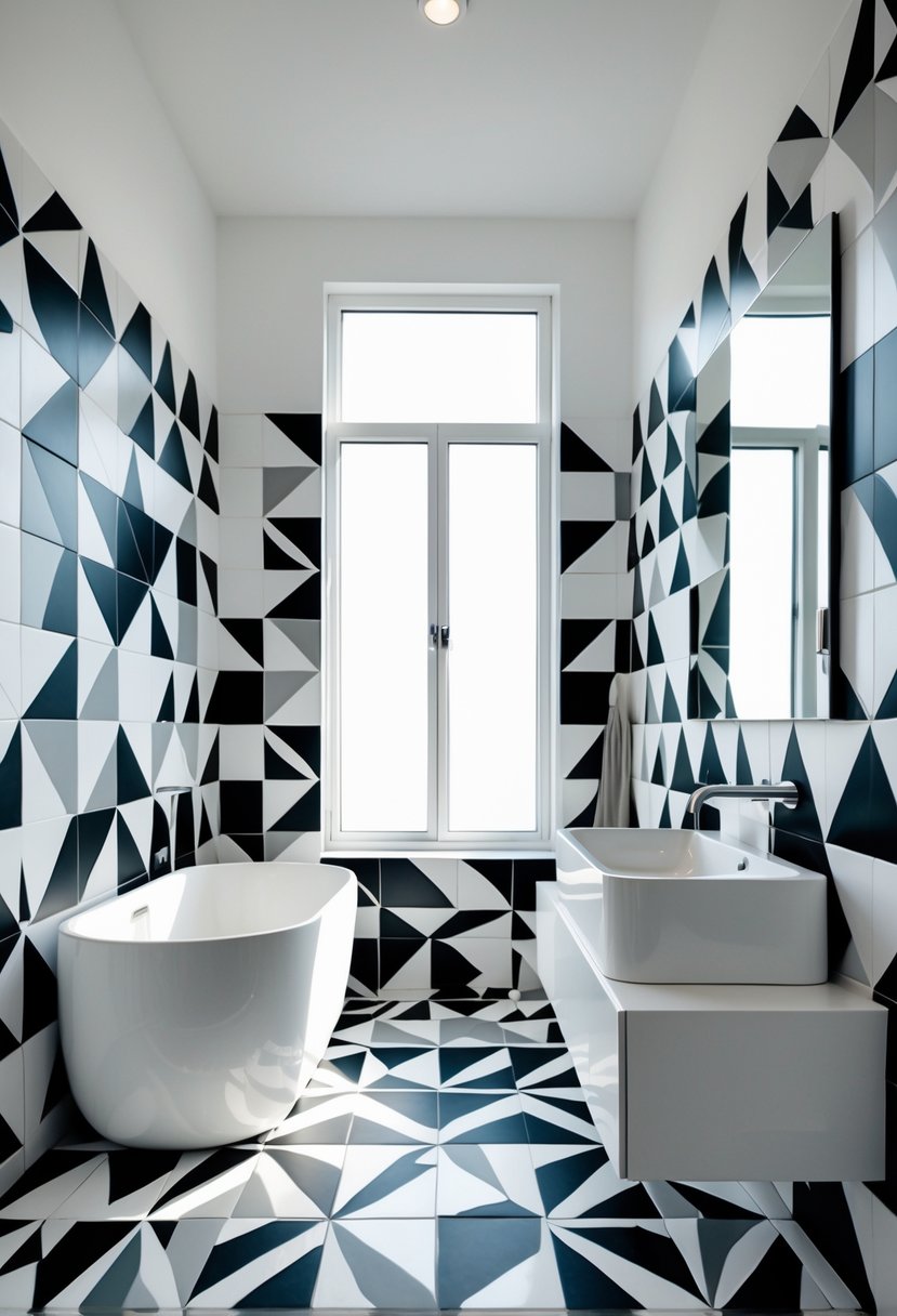 Modern bathroom with geometric patterned tiles on walls and floor, featuring a white bathtub, floating vanity, and large mirror.