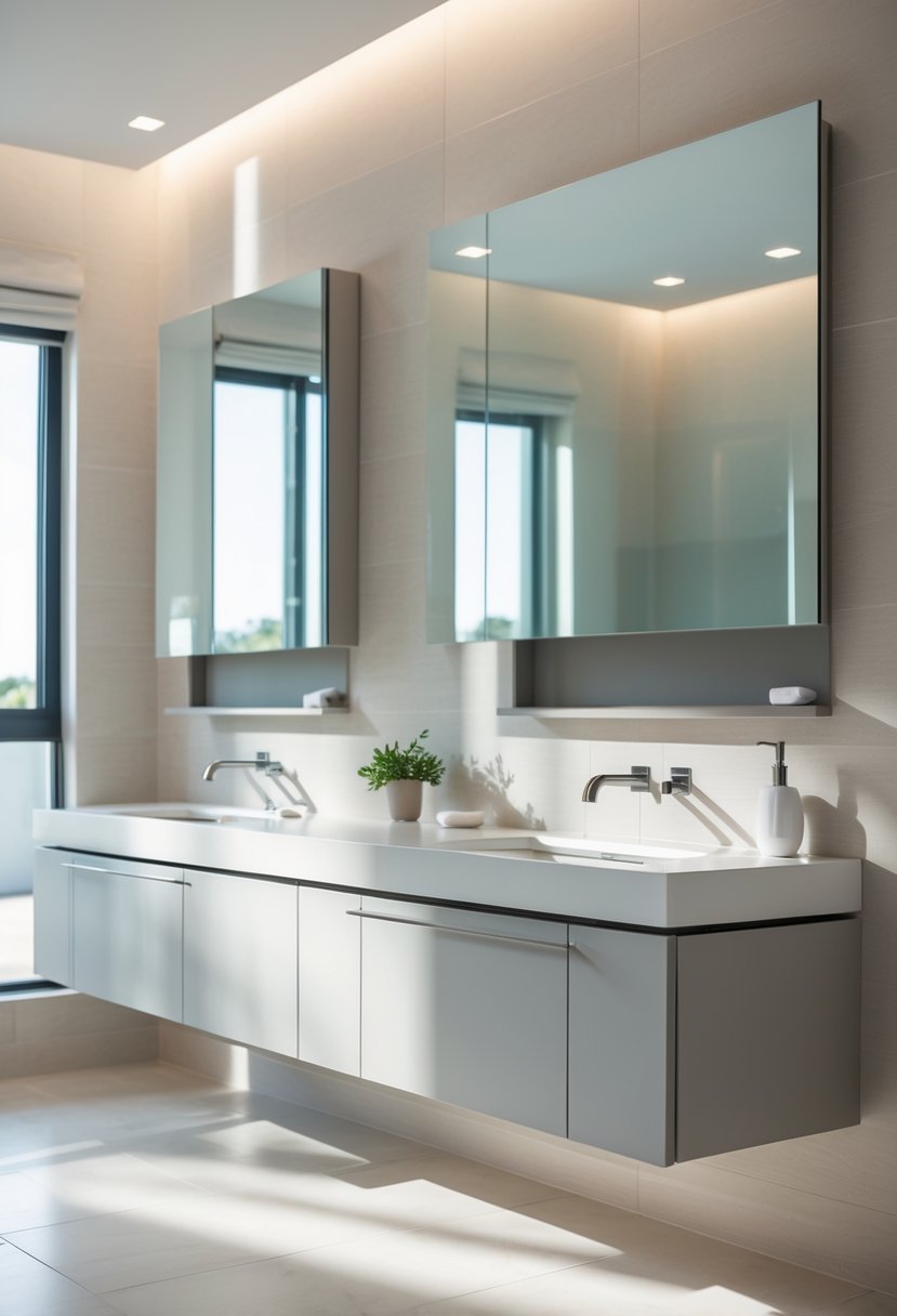 A modern bathroom with wall-mounted floating vanities above a tiled floor, featuring sinks, mirrors, and natural light.