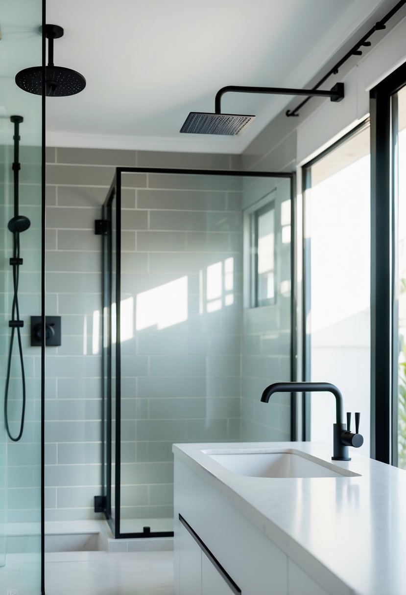 A modern bathroom with matte black fixtures, white countertop, gray tiled walls, and a glass shower enclosure.