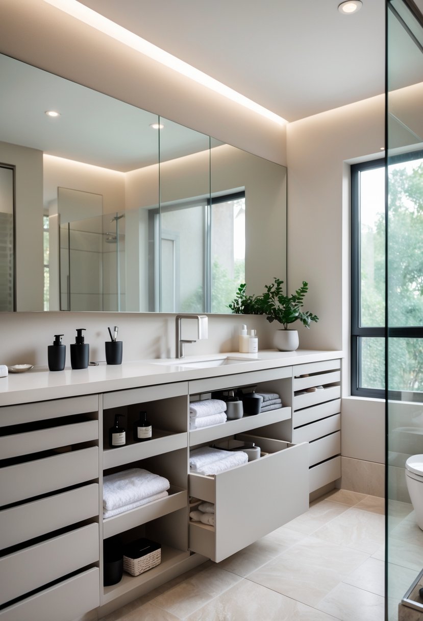 A modern bathroom with built-in organizers and smart storage solutions, featuring neatly arranged toiletries and towels in sleek cabinetry.