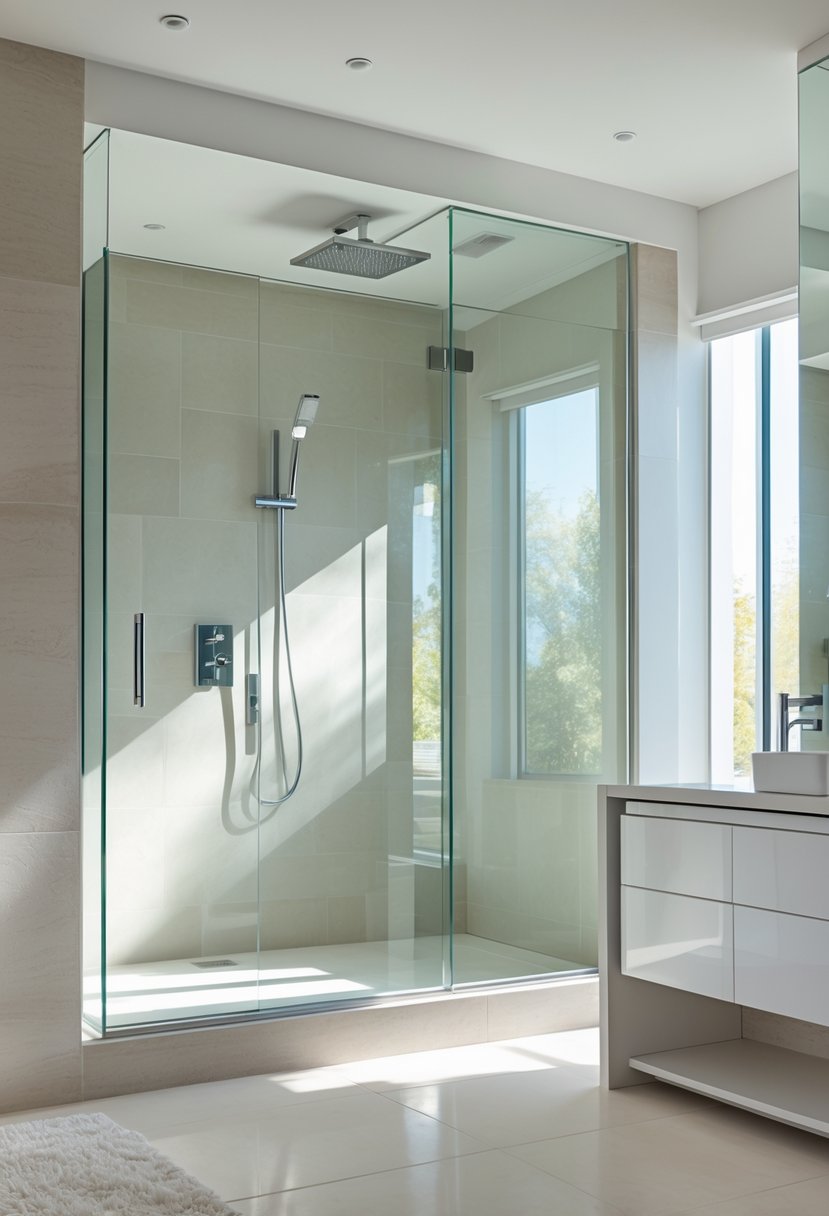 A bright bathroom with frameless glass showers, chrome fixtures, and a simple vanity.