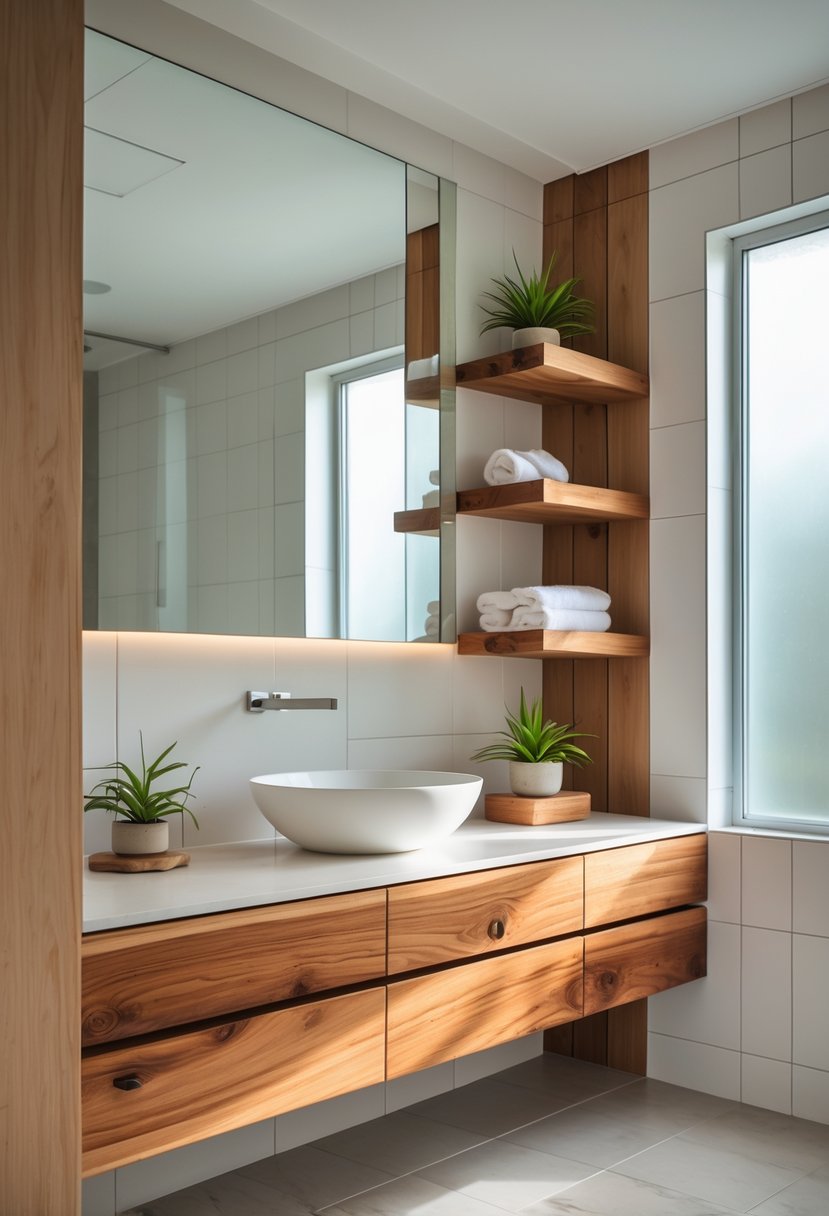 A modern bathroom with wooden vanity, wooden shelves, white sink, and natural light coming through a window.