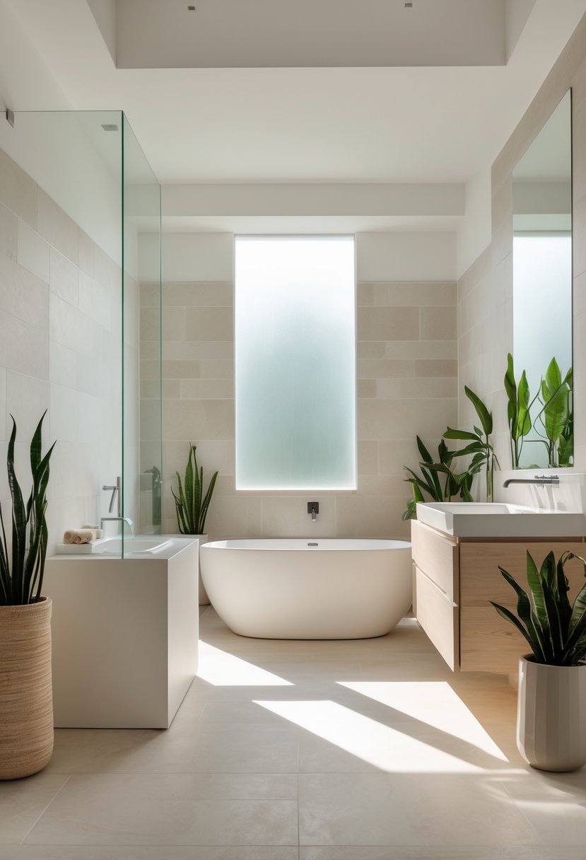 A modern bathroom with a freestanding bathtub, vanity, glass shower, and plants, lit by natural light.