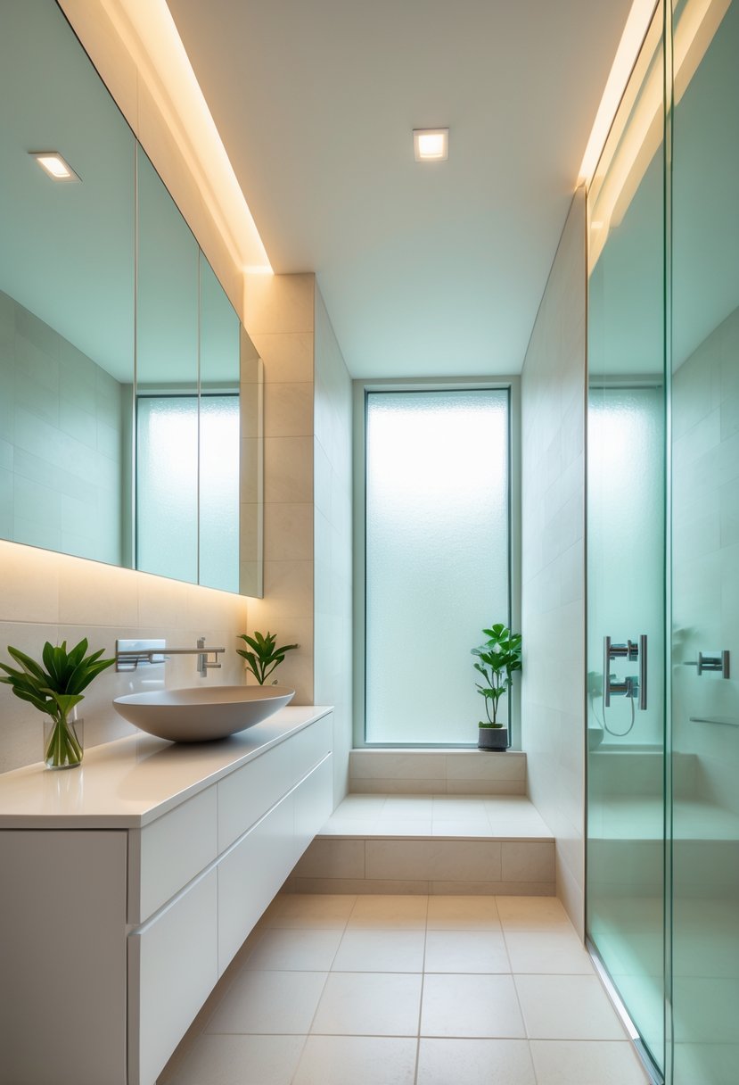 A modern bathroom with large mirrors, a white vanity, a vessel sink, and natural light reflecting to create a spacious feel.