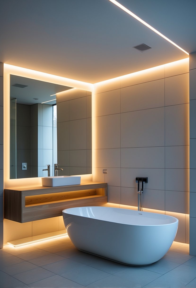 A modern bathroom with integrated LED lighting illuminating a bathtub, mirror, shelves, and vanity.