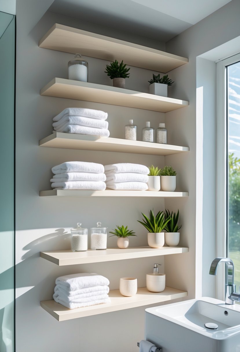 A modern bathroom with open shelving units holding towels, plants, and bath accessories.