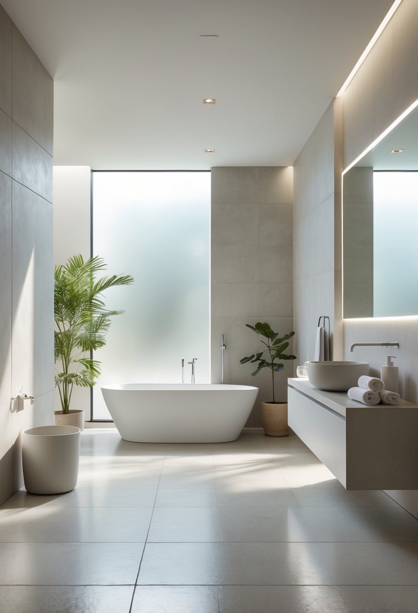 A bright and spacious modern bathroom with a freestanding bathtub, floating vanity, large mirror, and natural light coming through a window.
