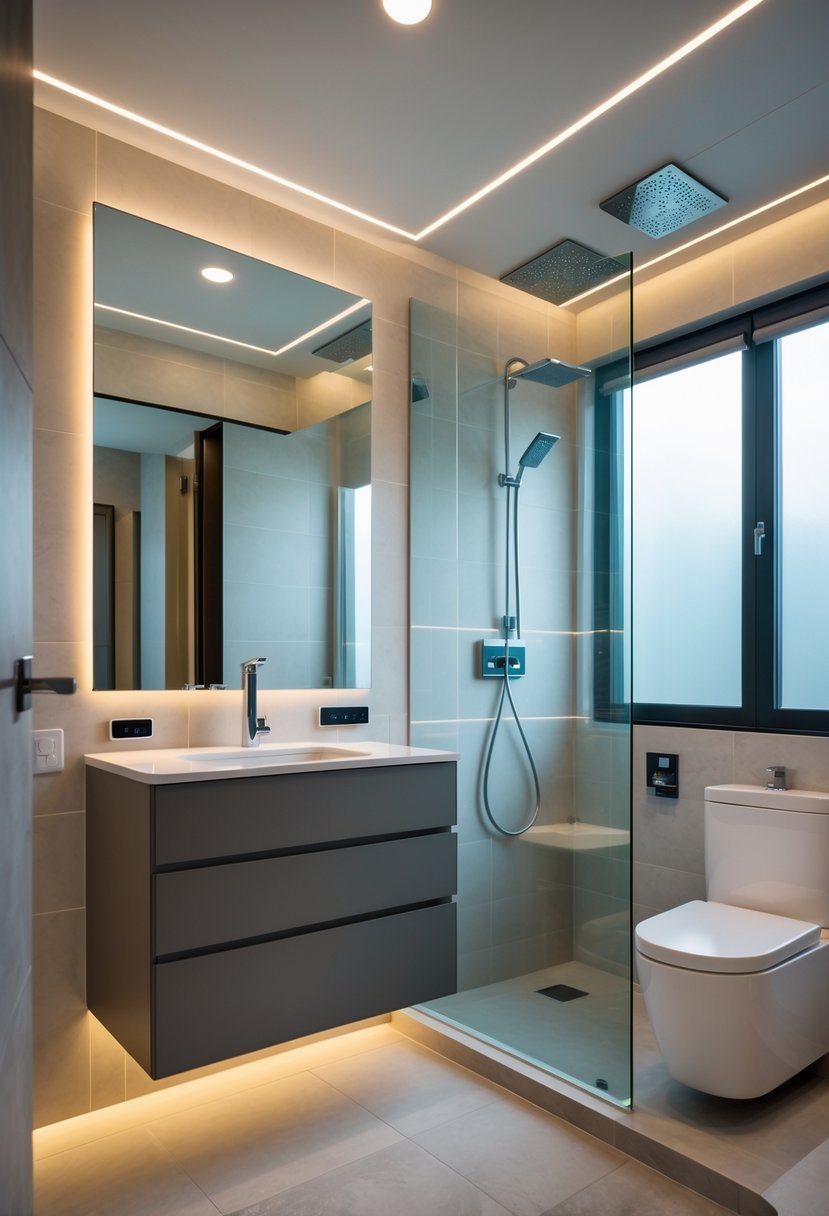 A modern bathroom with a smart mirror, digital shower controls, floating vanity, and ambient lighting.