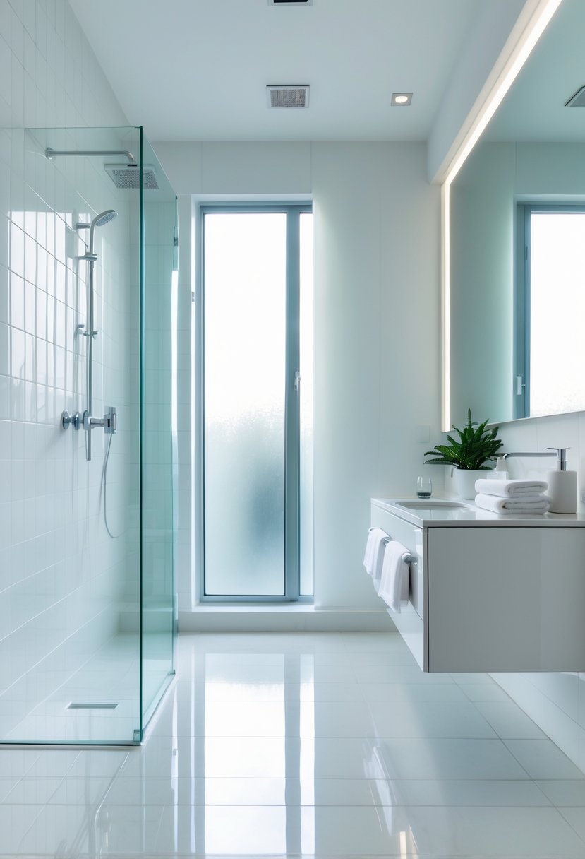A modern bathroom with a glass shower, floating vanity, mirror, and natural light coming through a window.