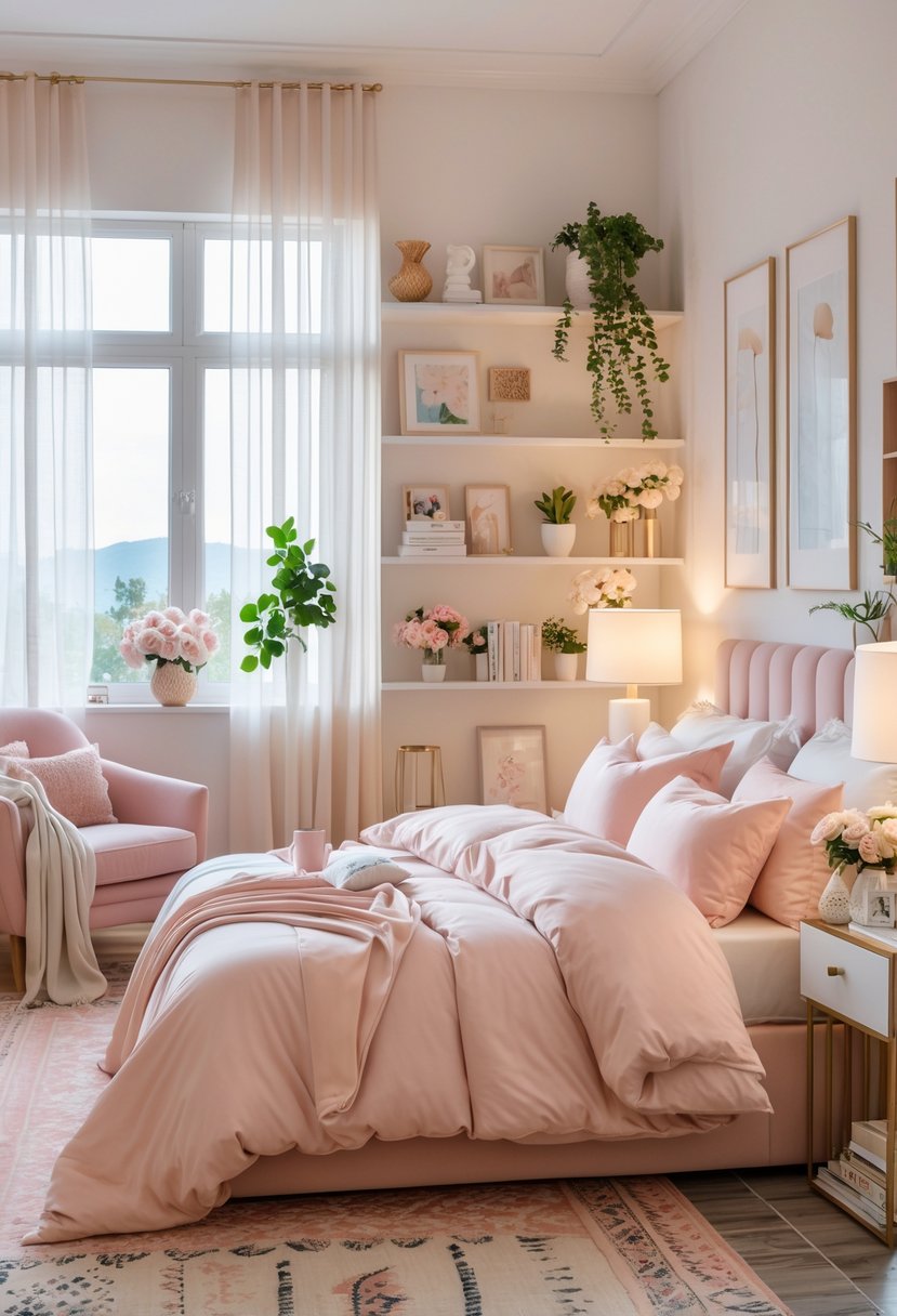 A bright bedroom with a cozy bed, bedside table, flowers, armchair, and shelves, decorated with feminine touches.