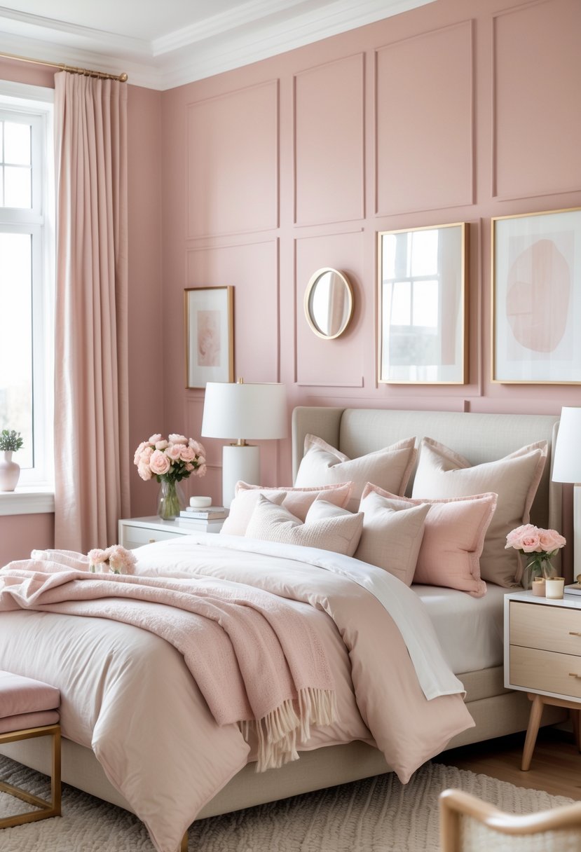 A bright bedroom with blush pink accent walls, a cozy bed, bedside tables with lamps and flowers, and tasteful decorations.