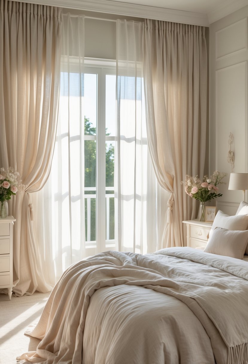 A bright bedroom with linen curtains softly filtering sunlight, a cozy bed with pillows, floral decorations, and light-colored furniture.