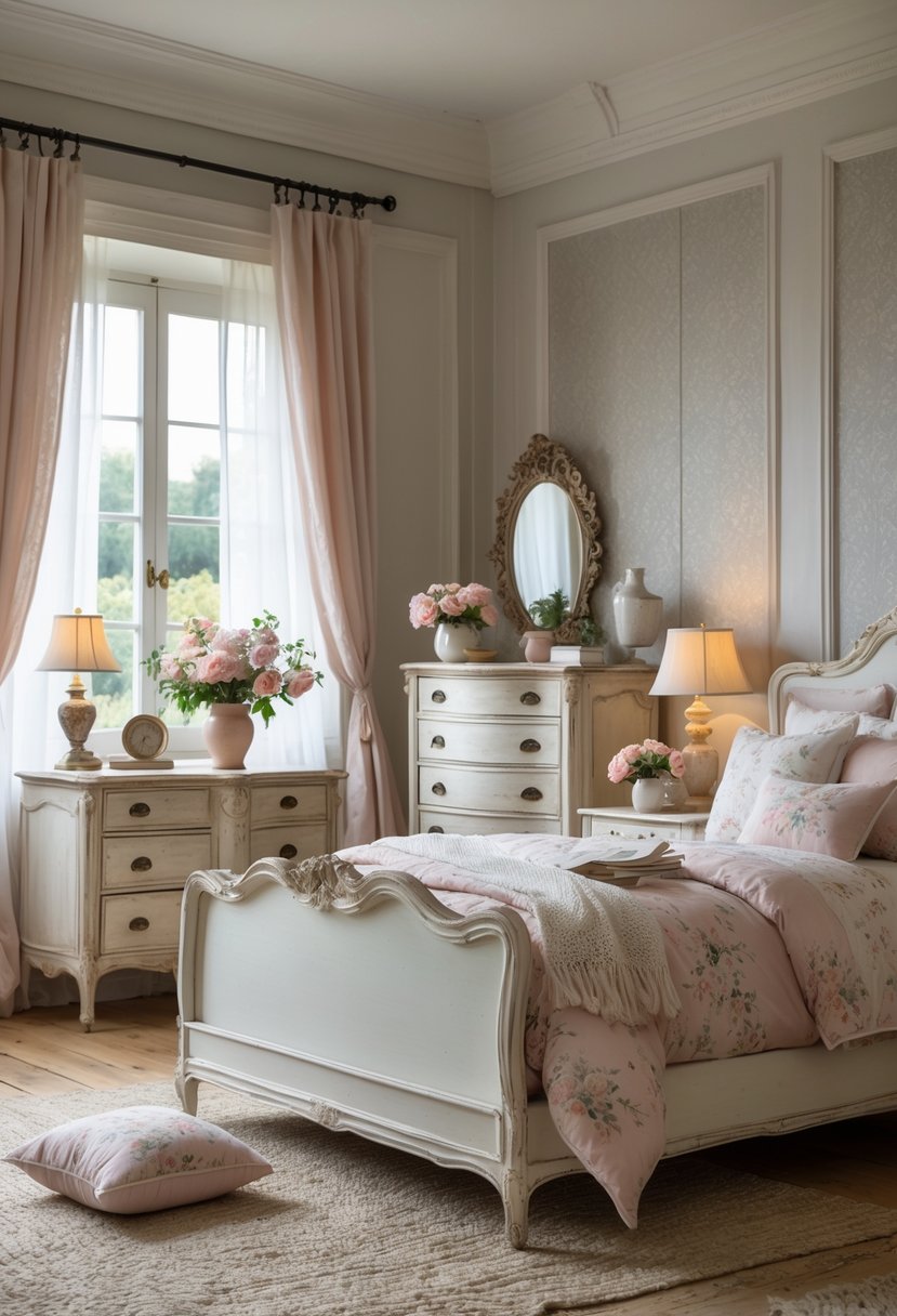 A cozy bedroom with a wooden bed, bedside tables with lamps, a dresser, floral bedding, and soft natural light coming through sheer curtains.