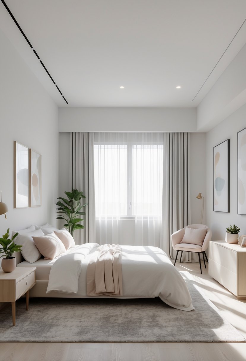 A clean and bright bedroom with a neatly made bed, a nightstand with a plant and lamp, large windows with sheer curtains, a chair with a small bookshelf, and light hardwood floors.