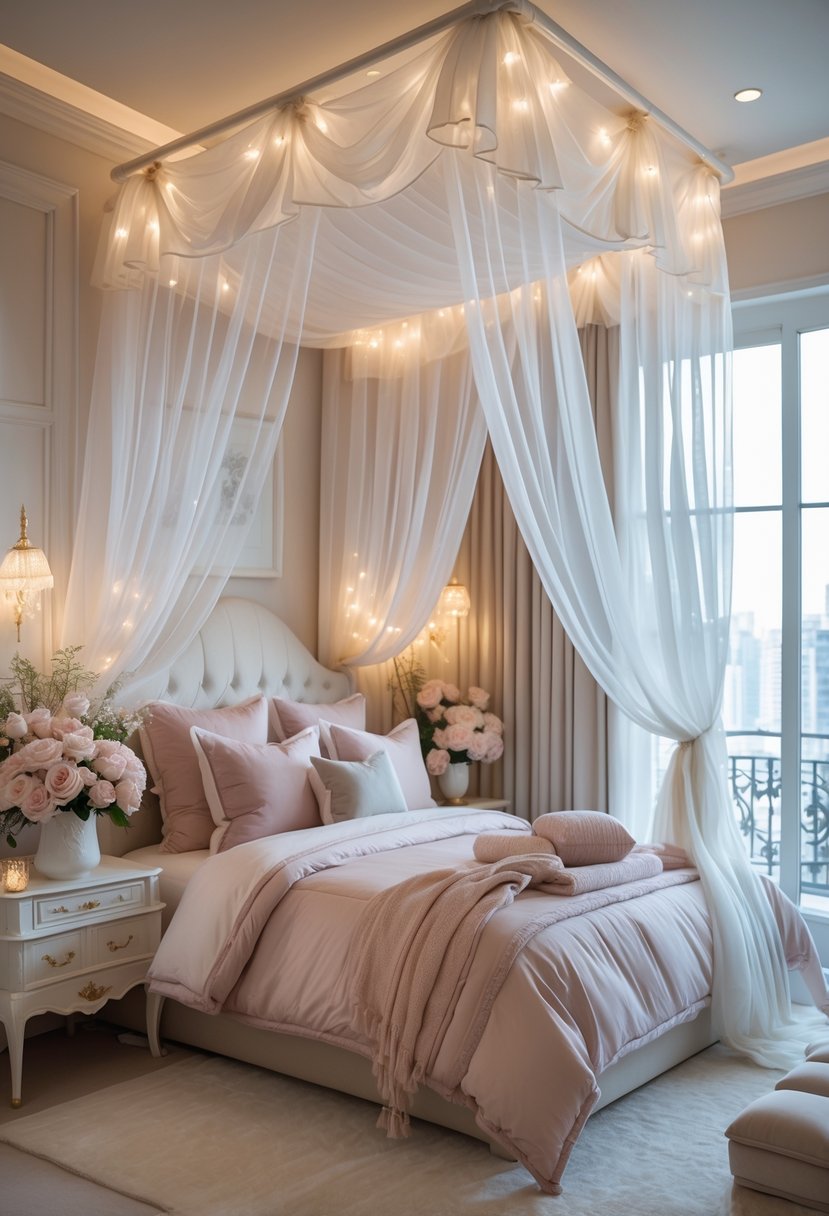 A bedroom with a canopy bed draped in sheer curtains, decorated with pillows and flowers, illuminated by natural light.
