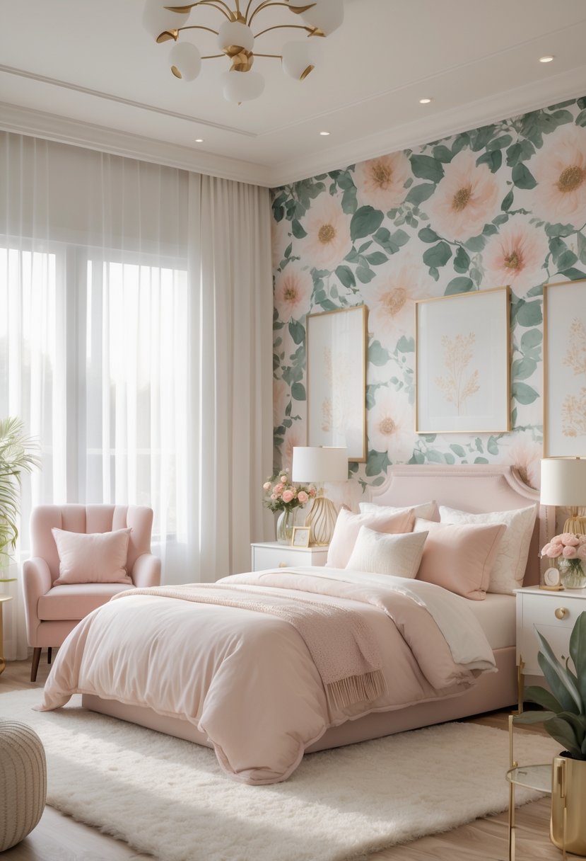 A bright bedroom with a floral wallpaper wall behind a bed, featuring pastel bedding, a cozy armchair, a vanity, and plants.