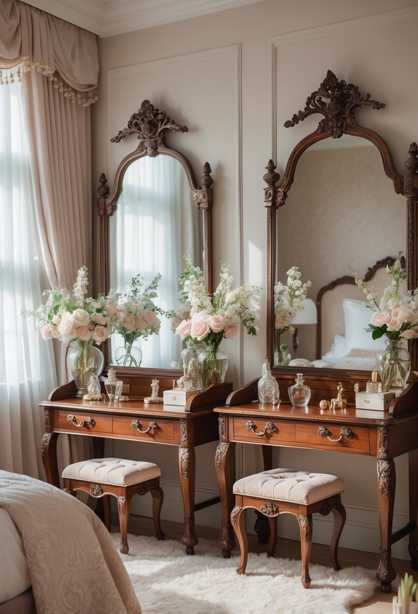 A bedroom corner with several antique wooden vanity tables with mirrors, decorated with flowers, perfume bottles, and cushioned stools.