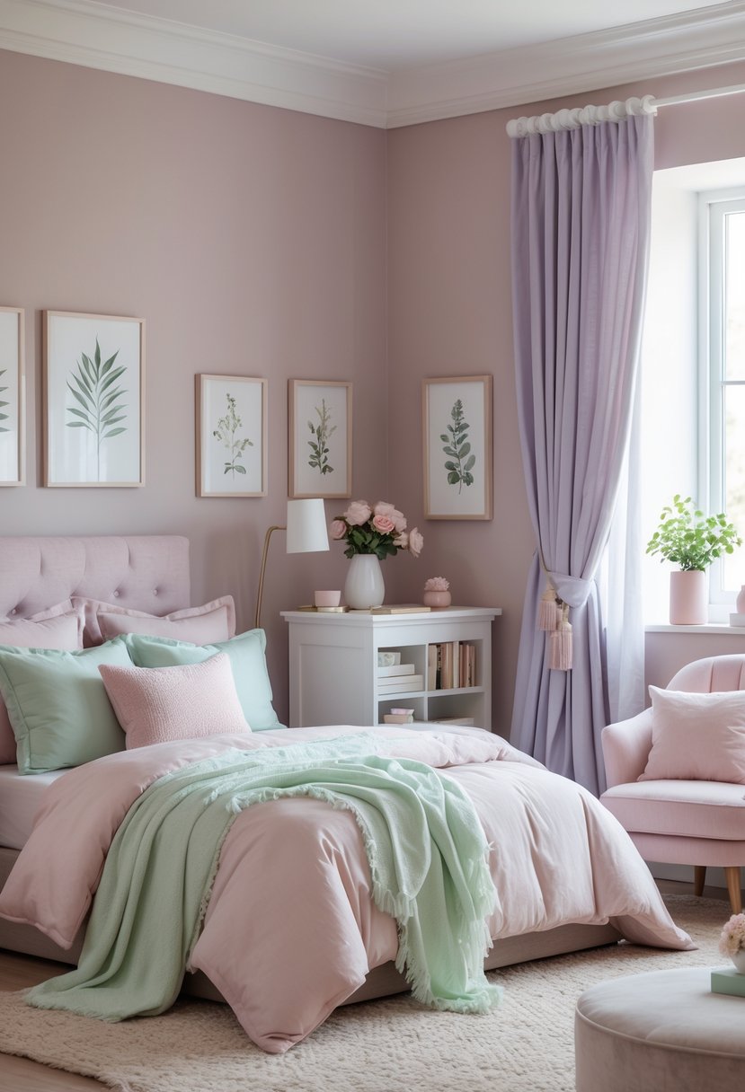 A bedroom with a bed, nightstand, armchair, and window, decorated in soft pastel colors with flowers and framed pictures.