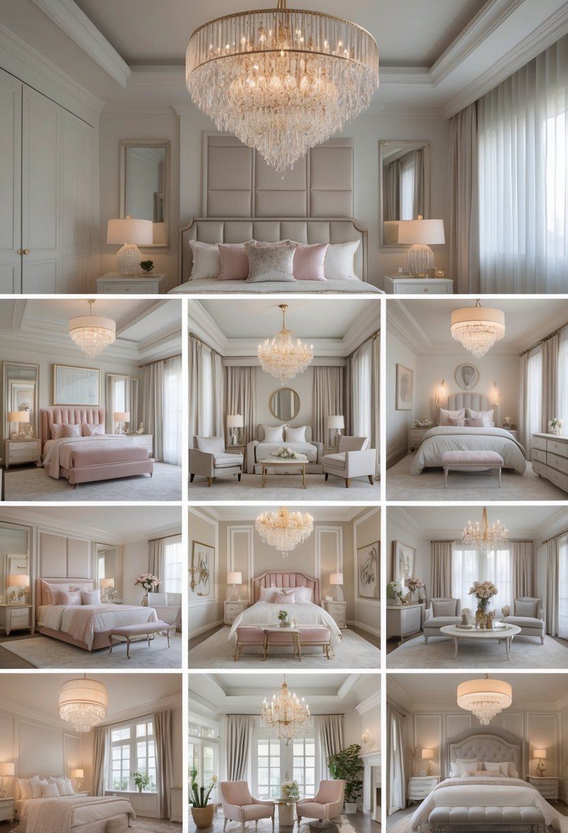 A collection of 15 elegant bedrooms for women, each featuring crystal chandeliers and stylish decor.