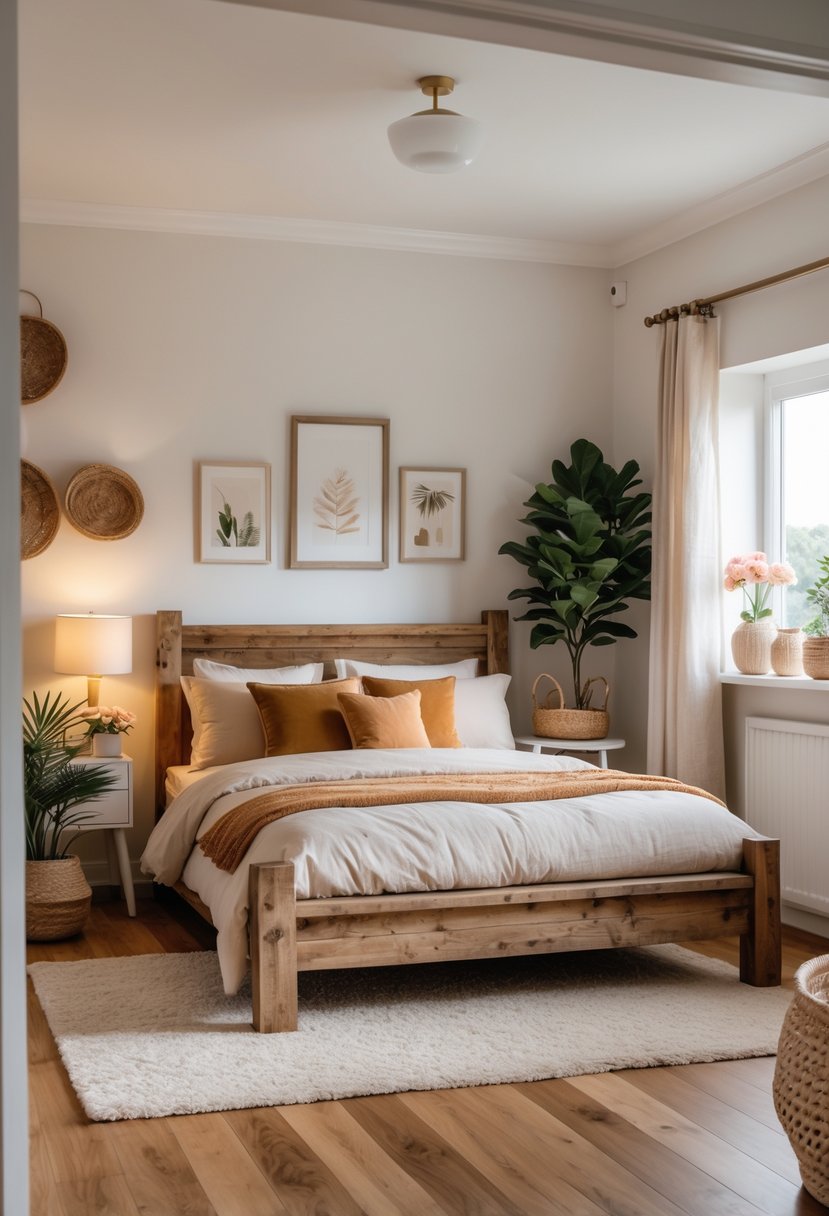 A cozy bedroom with a rustic wooden bed frame, soft linens, bedside lamps, plants, and decorative items creating a warm and inviting atmosphere.