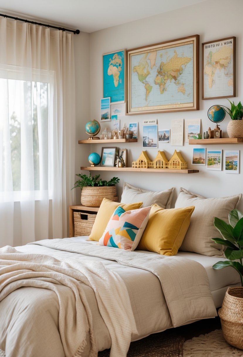 A cozy bedroom decorated with travel souvenirs, framed maps, and photographs, featuring a neatly made bed and natural light.