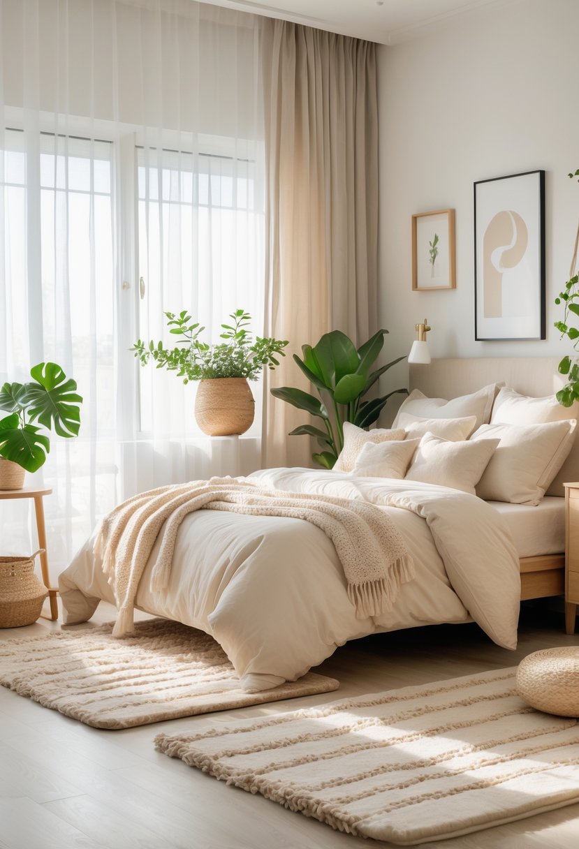 A bright bedroom with soft neutral-toned rugs, a cozy bed, wooden furniture, plants, and natural light coming through sheer curtains.