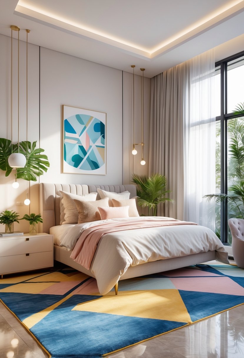 A bright bedroom with a bed, bold geometric rug, modern furniture, plants, and natural light coming through large windows.