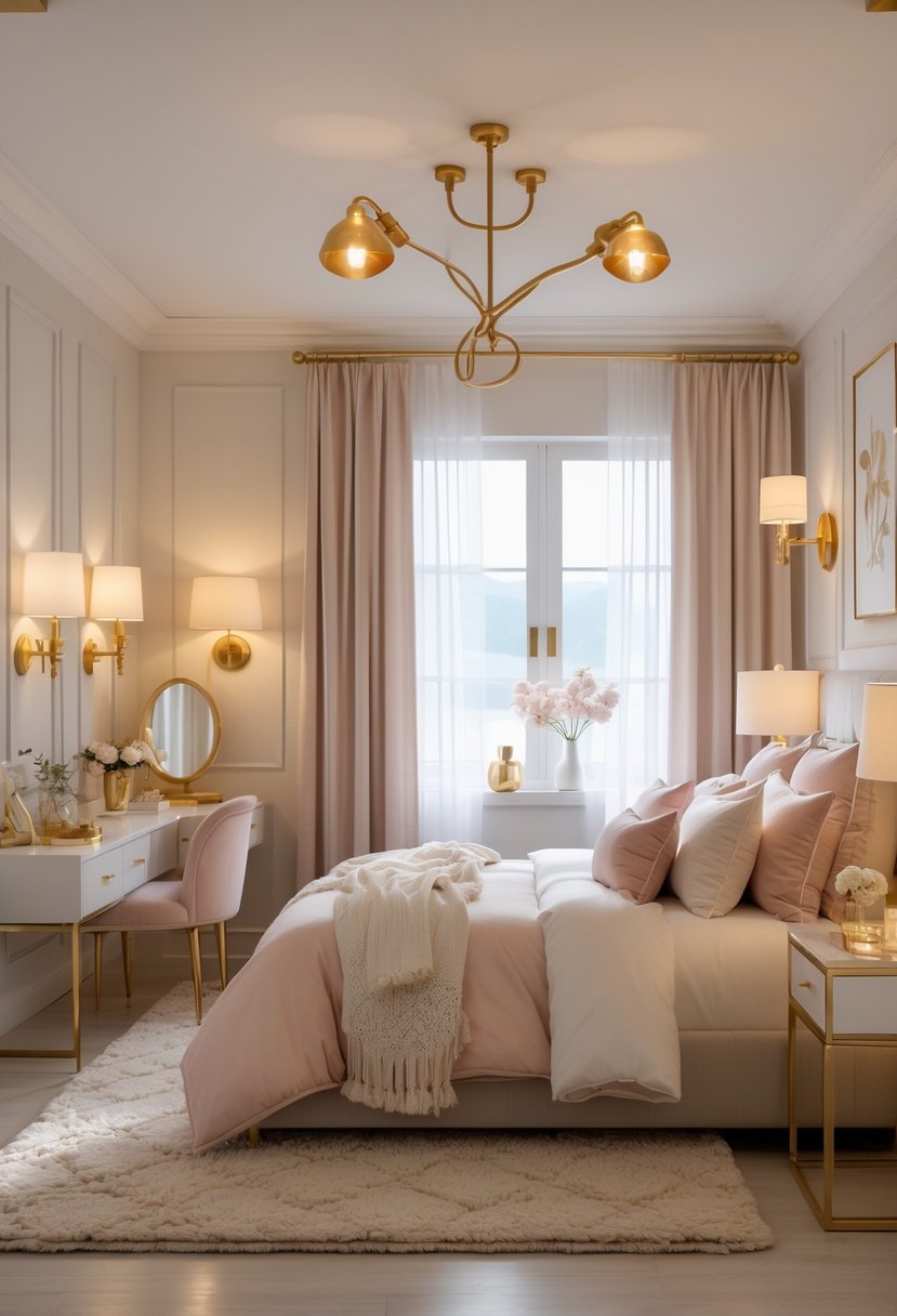 A cozy bedroom featuring gold and brass lighting fixtures, a comfortable bed, and elegant decor elements.
