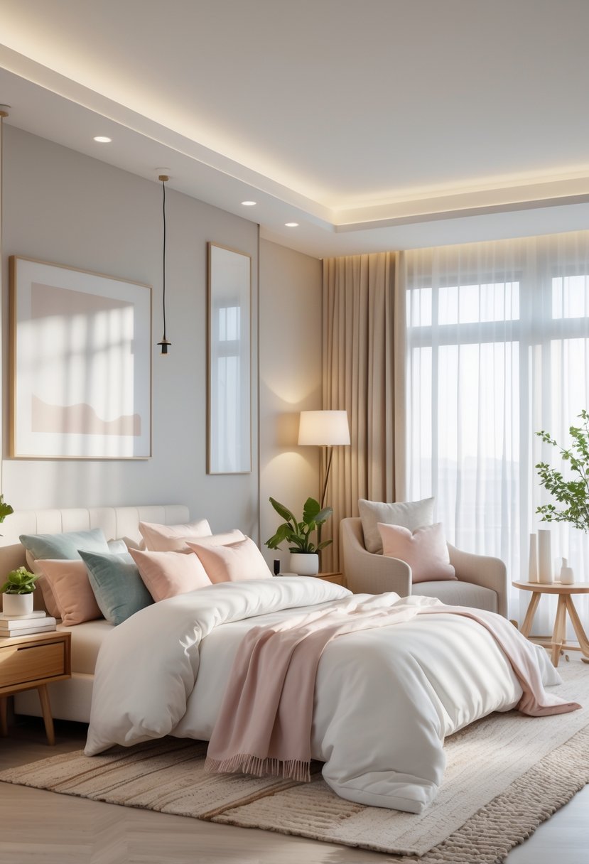 A bright bedroom with a neatly made bed, nightstand with a lamp and plant, large windows with curtains, and a cozy armchair in the corner.