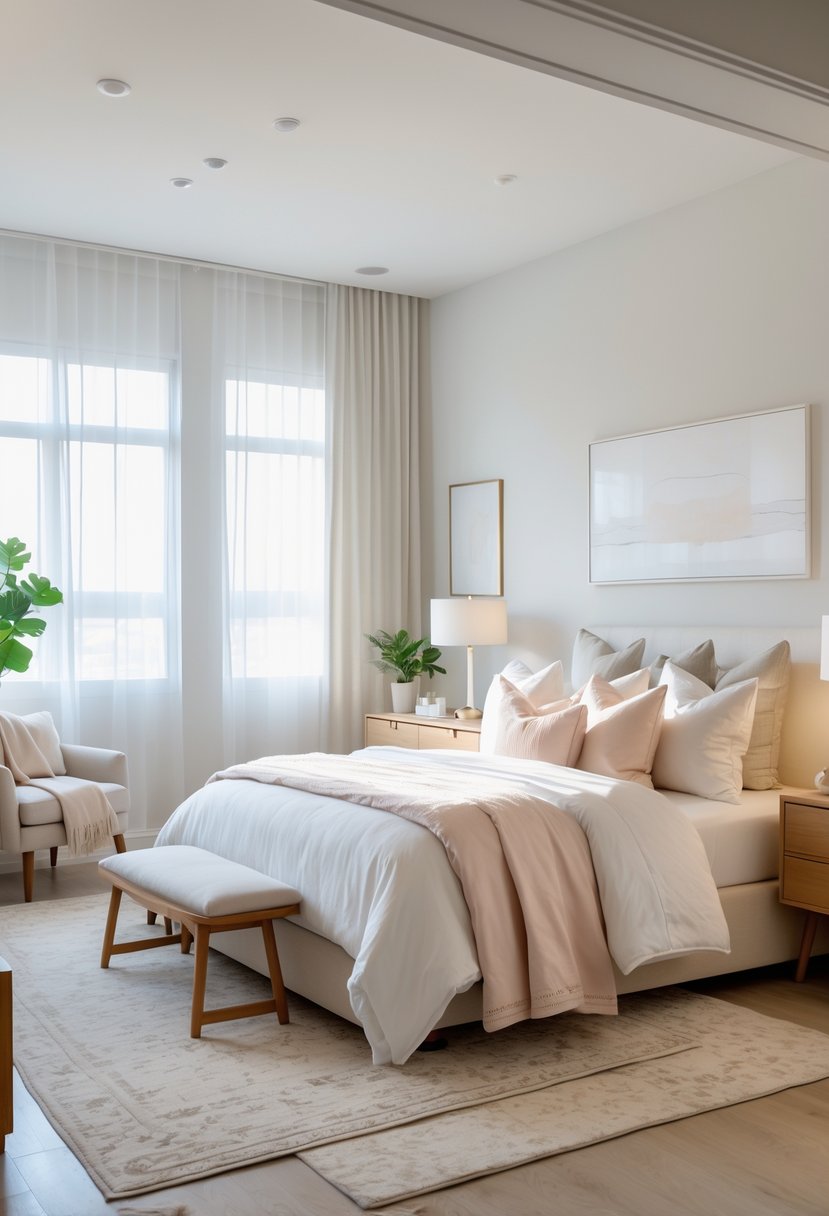 A bright bedroom with a neatly made bed, soft linens, pillows, a nightstand with a lamp and plant, large windows with sheer curtains, artwork on the walls, a rug on the floor, an armchair with a throw, and decorative plants.