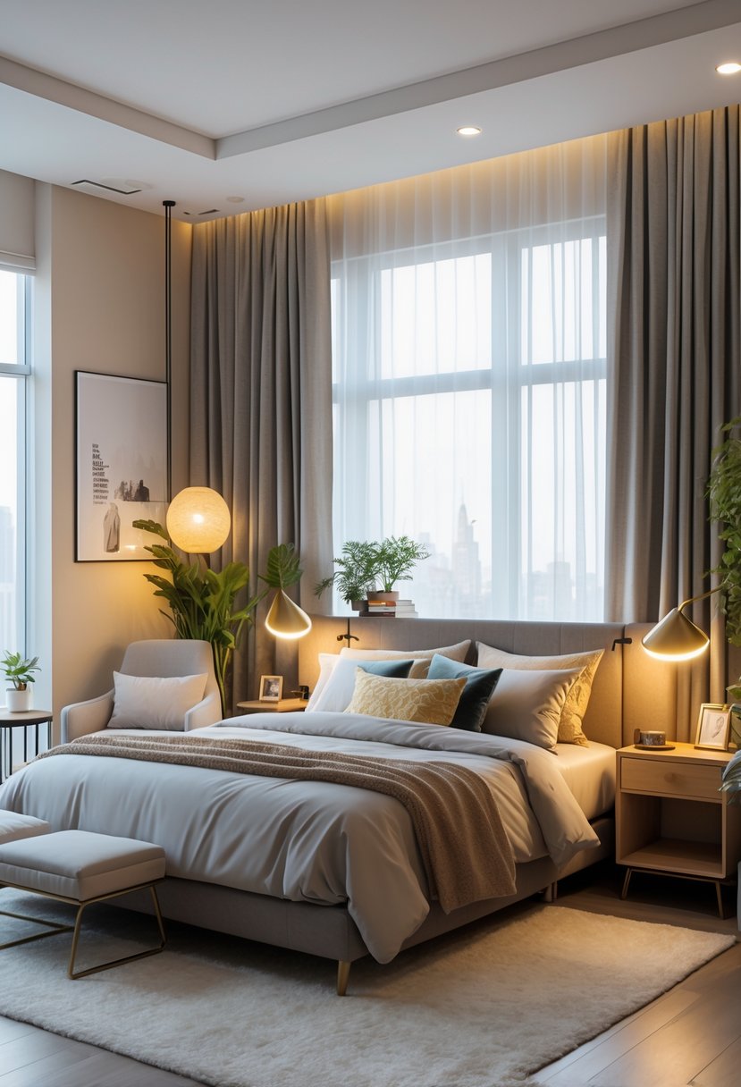 A well-lit bedroom with a bed, nightstands with lamps, a reading chair, bookshelf, large windows with curtains, and plants.