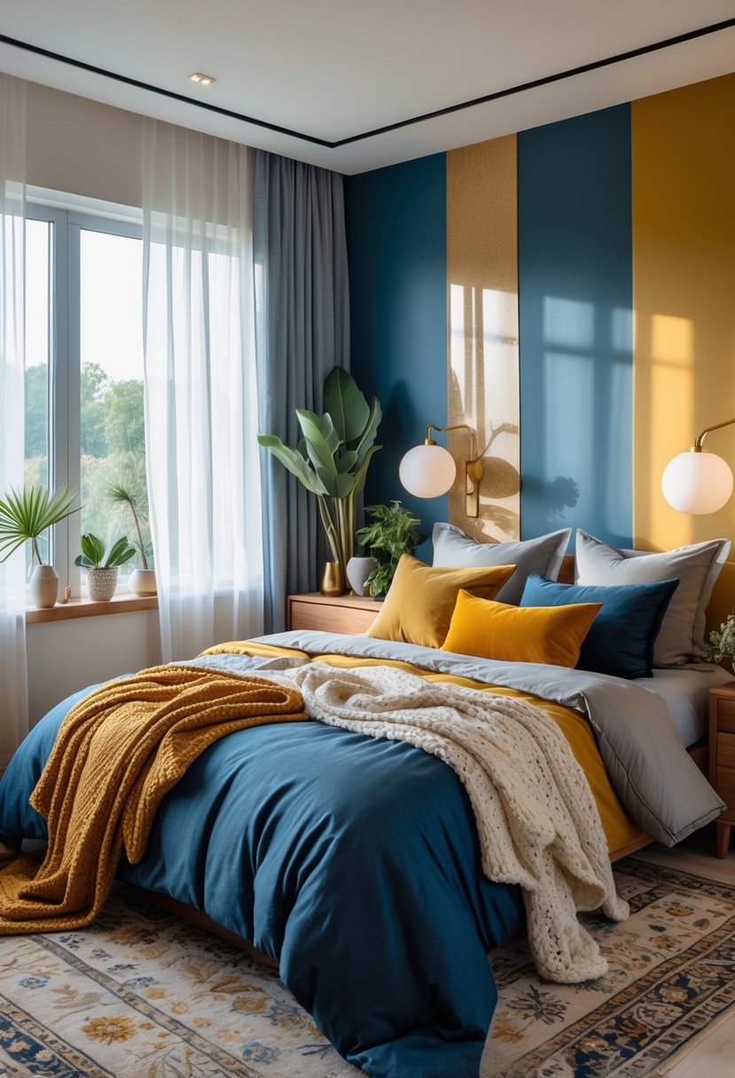 A modern bedroom with a colorful bed, textured blankets and pillows, wooden furniture, plants, and sunlight coming through large windows.