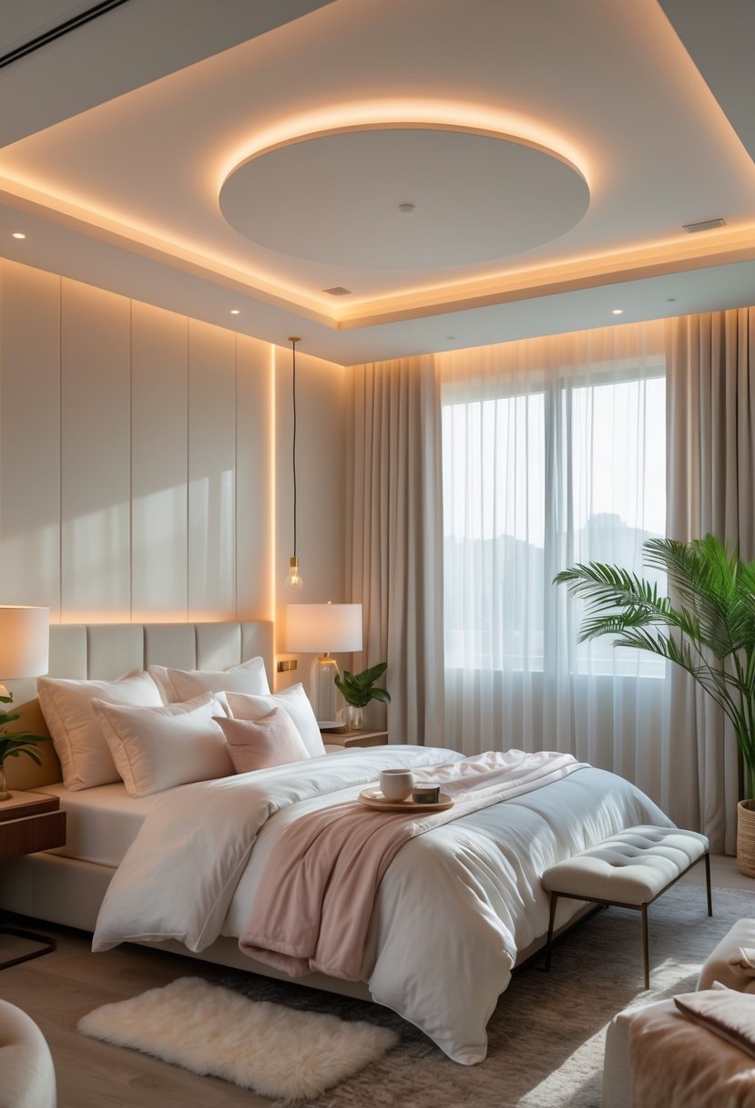 A modern bedroom with a large bed, soft lighting from lamps and ceiling lights, sheer curtains, and minimalist decor creating a cozy atmosphere.