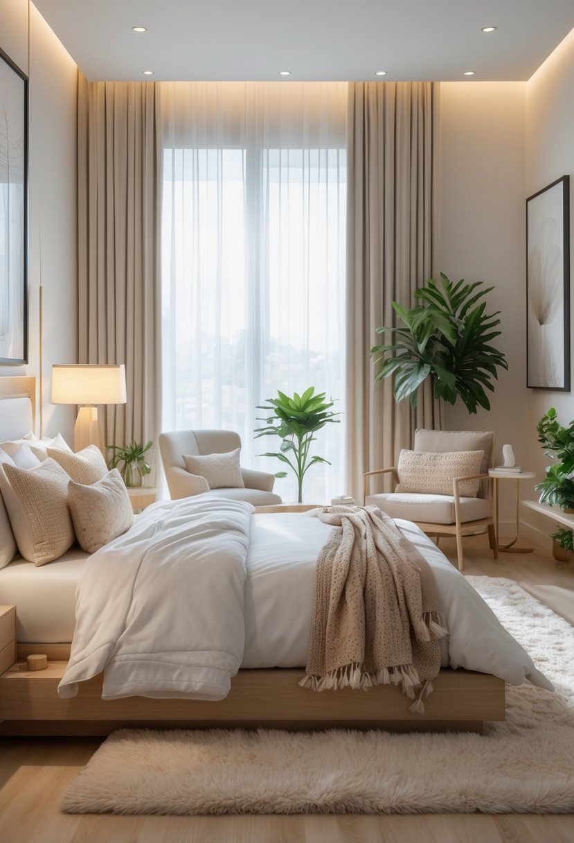 A bedroom with a neatly made bed, nightstand with lamp, large window with sunlight, wall art, a reading nook with an armchair, and green plants.