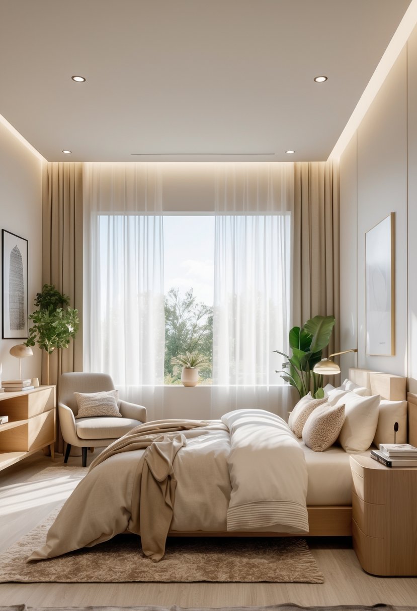 A bright bedroom with a neatly made bed, a nightstand with a plant and lamp, large windows with sheer curtains, and a cozy reading nook with an armchair and books.