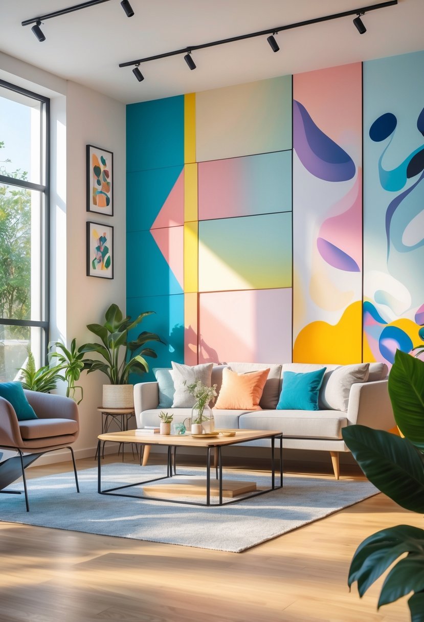 A modern living room with walls painted in various creative styles including geometric patterns, gradients, and abstract murals, furnished with a sofa, coffee table, and plants.