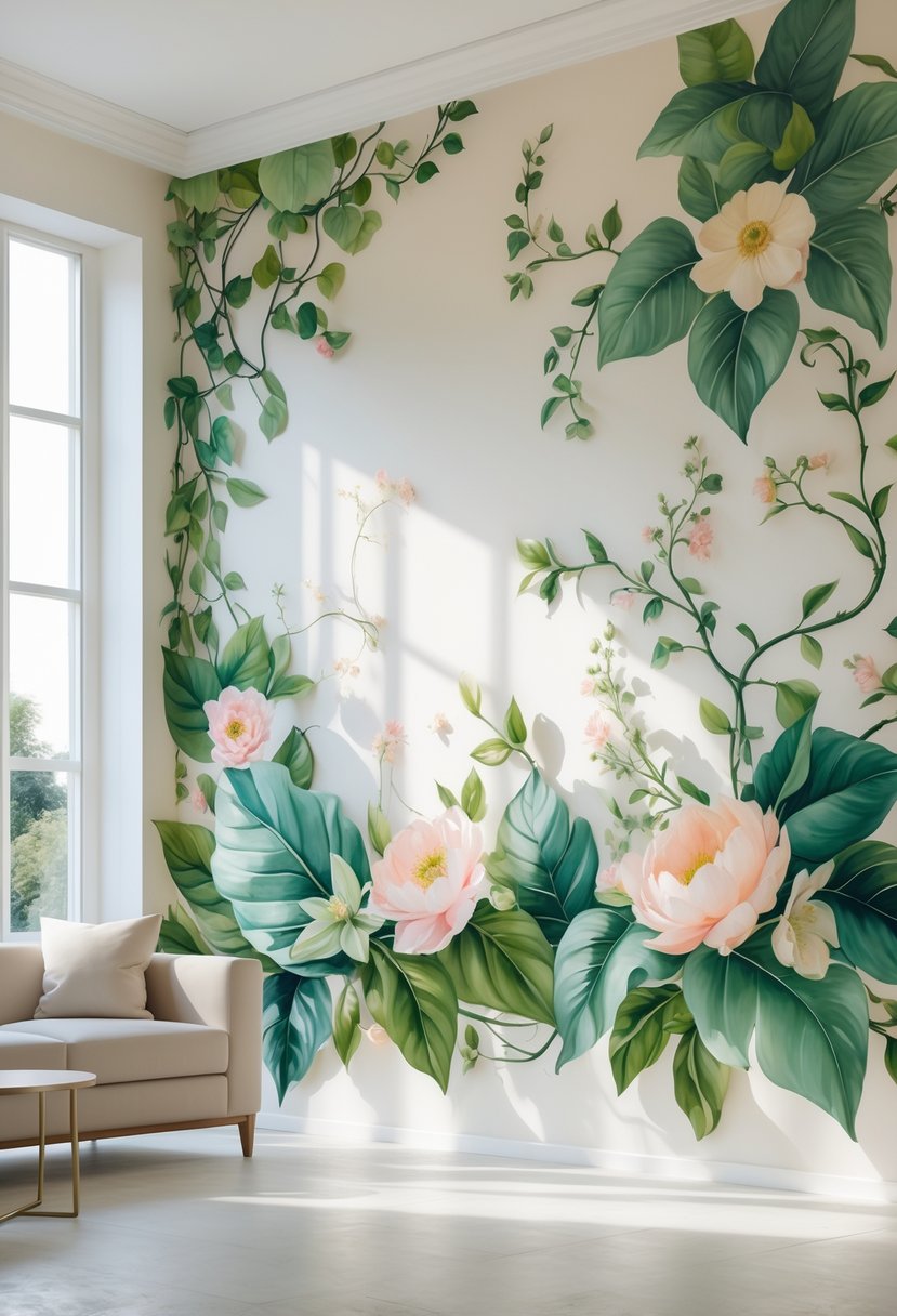 A bright living room with a large wall covered in a detailed botanical mural featuring green leaves and colorful flowers.