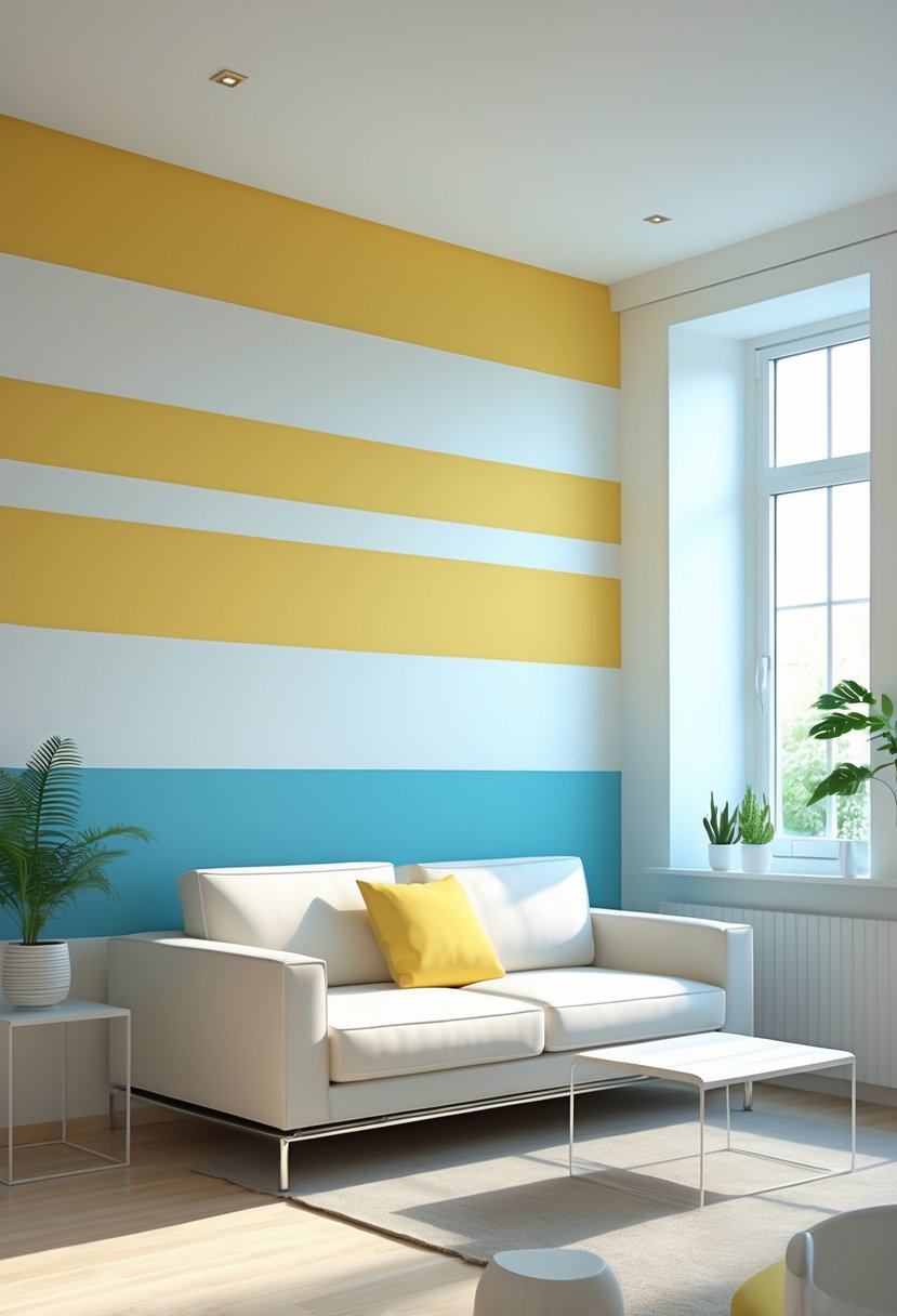 A modern room with a wall painted in two-tone horizontal stripes, furnished with a sofa, coffee table, and plants.