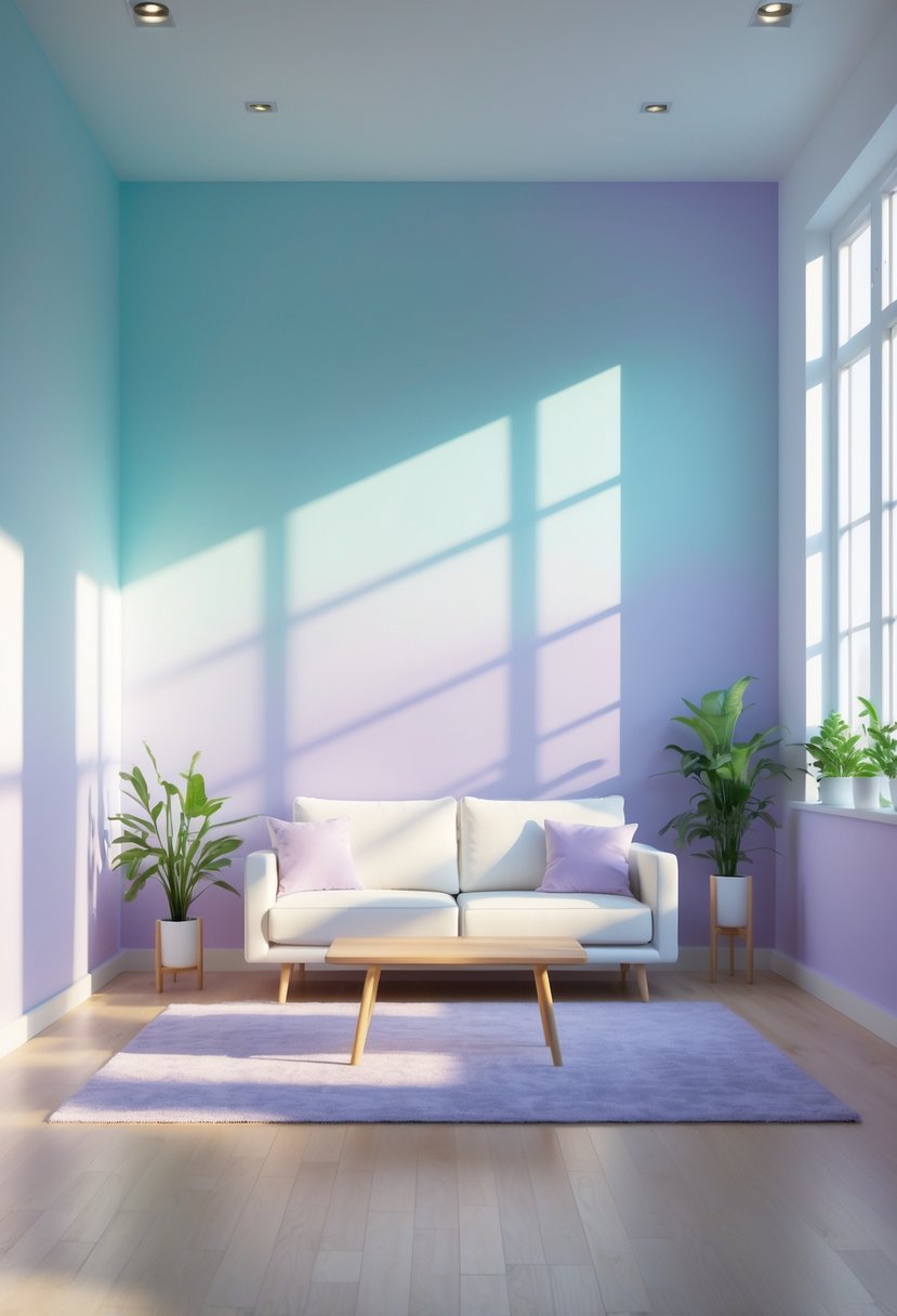 A bright room with walls painted in a smooth gradient from light blue to lavender, furnished with a white sofa, wooden table, and green plants.