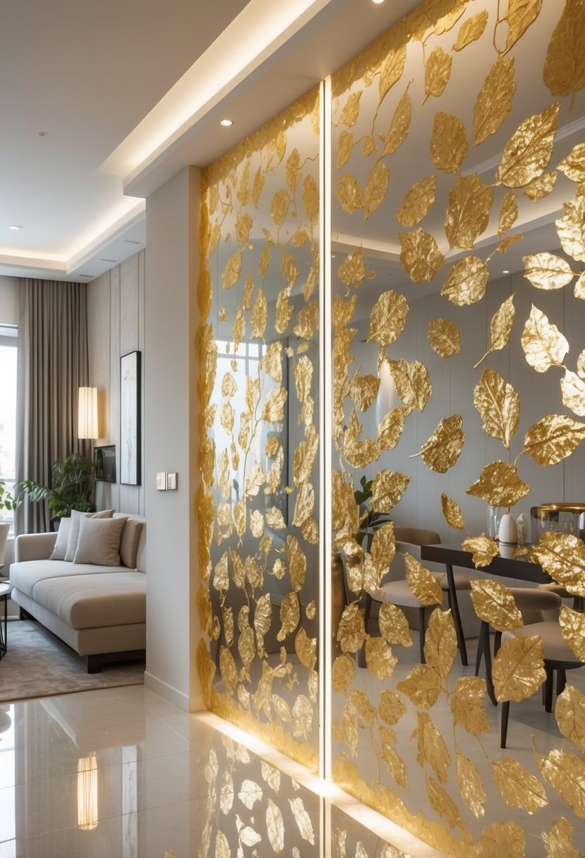 A modern room with an accent wall decorated with gold leaf details and minimalist furniture.