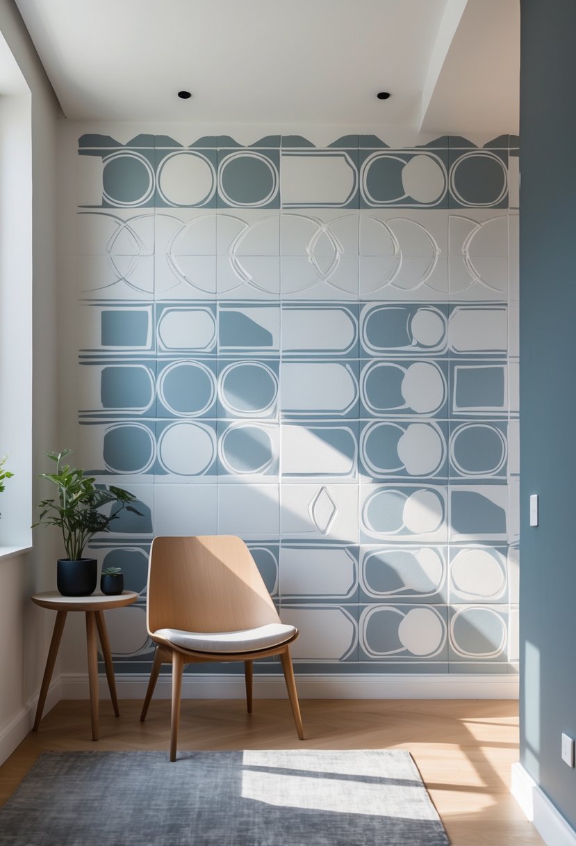 Interior room with a wall decorated in a repeating geometric pattern of stenciled shapes and minimal furniture.