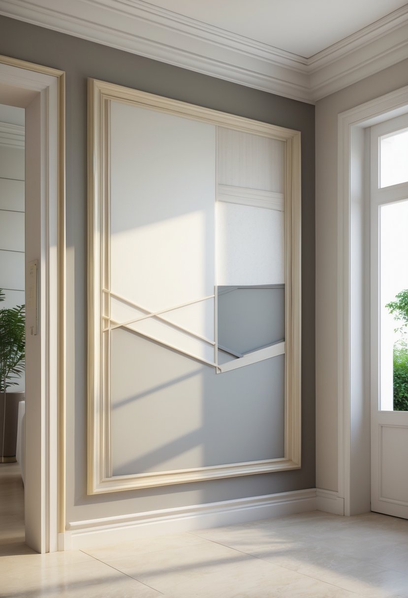 Interior wall with painted trim and molding featuring a creative wall paint design in a well-lit room.
