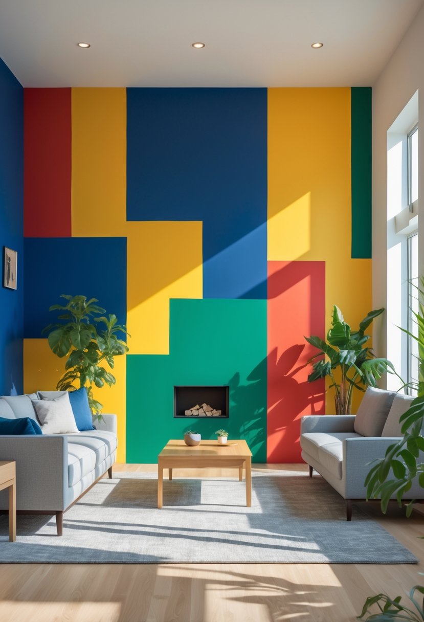 A modern living room with a large wall painted in bold geometric blocks of blue, yellow, red, and green, featuring neutral furniture and natural light.