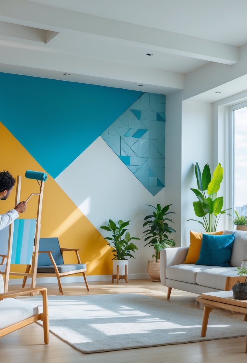 A bright living room with freshly painted walls showing different paint styles and a painter applying paint with a roller.